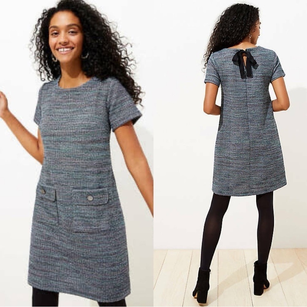 LOFT Tweed Button Pocket Short Shift Dress Blue Sz 12